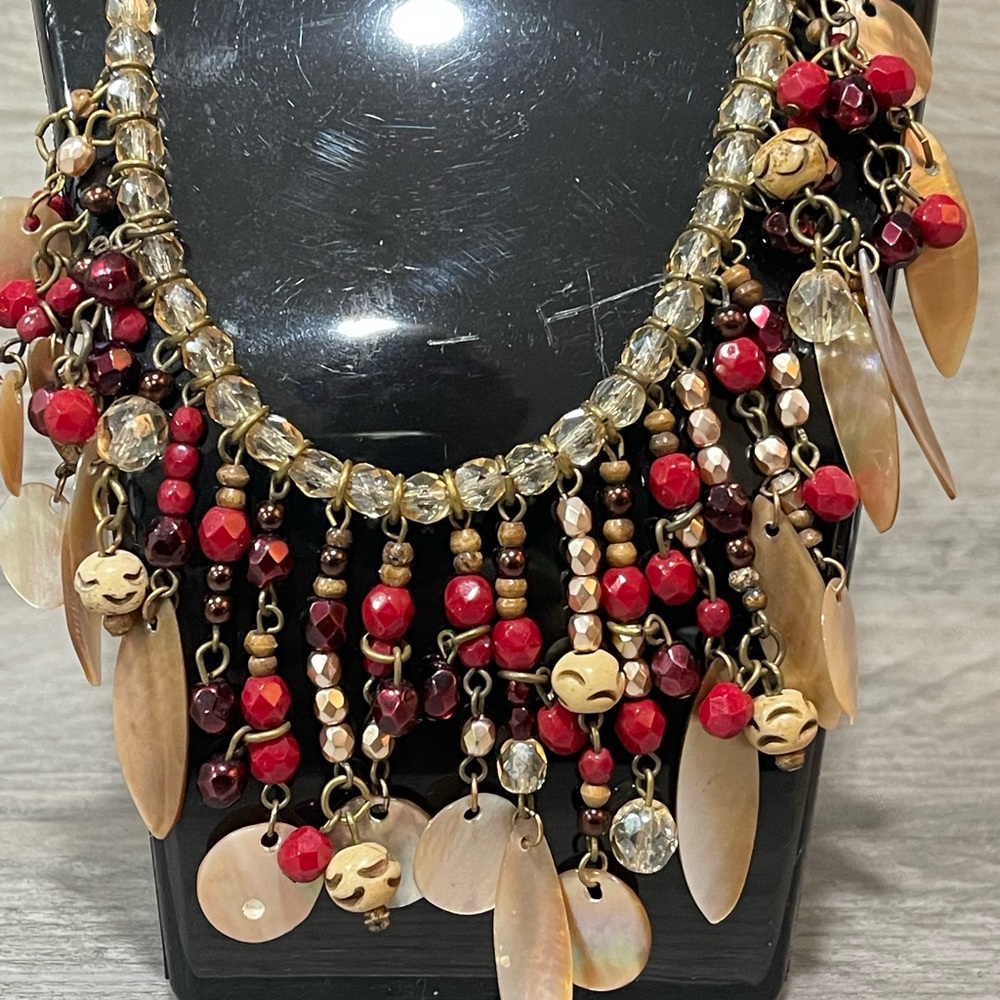 Vintage Chico’s Beaded Necklace with Red/Gold Accents and mother of pearl fringe - Picture 2 of 8